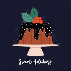 Christmas chocolate cupcake card. Sweet holidays.Colourful delisious of traditional Christmas cake