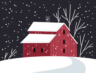 Fototapeta premium Winter landscape with red farm in Scandinavian style.