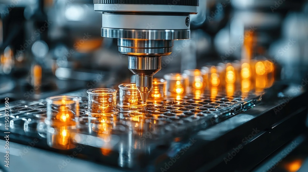 Aufkleber a microscope examining samples in a laboratory setting with illuminated test tubes.