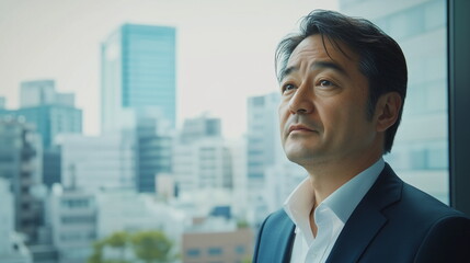 Fototapeta premium 日本人の中年男性がスーツを着て窓際に立っているバストショットの画像