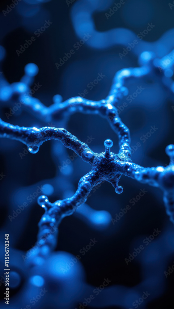 Poster close-up view of a human brain neuron with dendrites and axon illuminated by blue light.