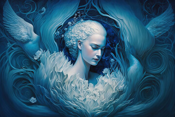 White snow swan on a blue background