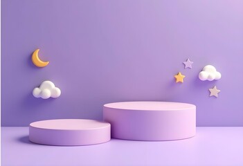 Kids podium with night sky, white clouds, yellow stars and a crescent moon against a purple Vector background. Two platforms or stands, minimalist showcase for children product promotional display