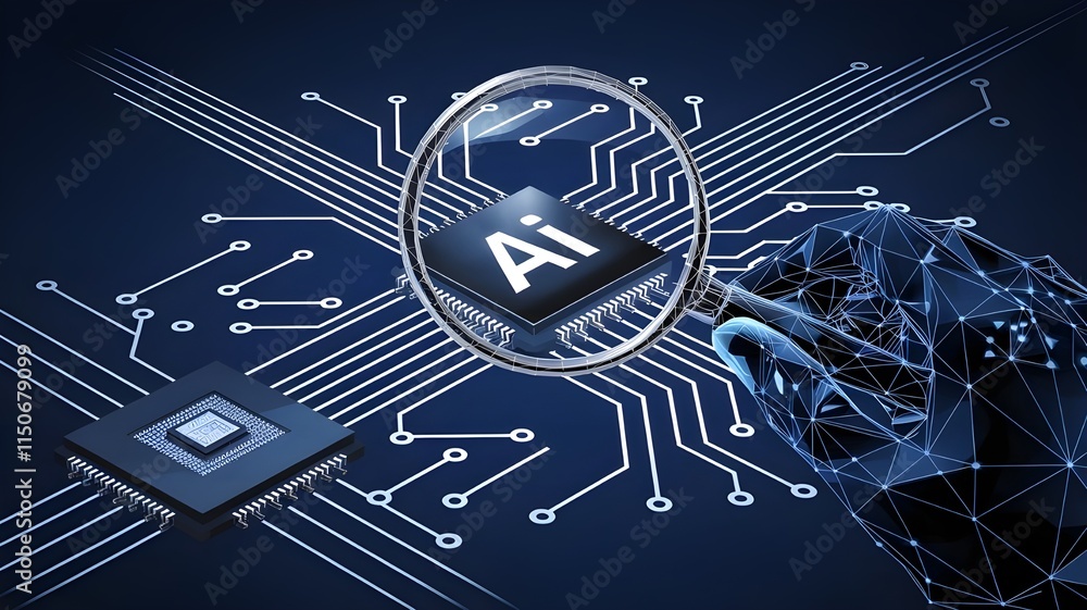 Poster magnifying glass in a hand and ai chip with circuit light thin lines on dark blue background. cpu se