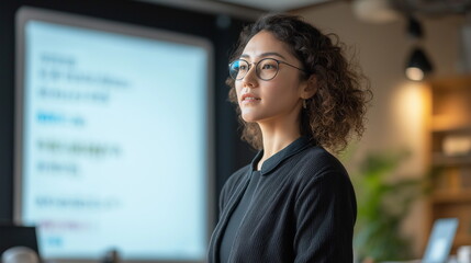 女性のプレゼンテーターのウエストショットの画像