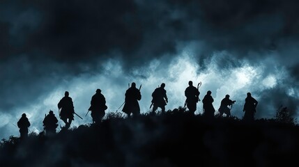 Fototapeta premium Silhouetted figures trek across a hilltop under a stormy, ominous sky.