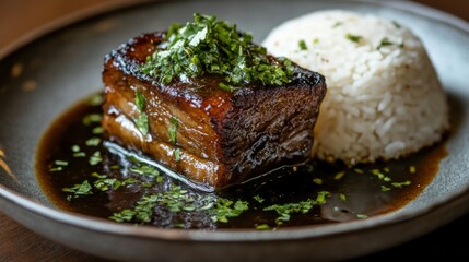 Savory Pork Belly with Fresh Herbs and Steamed Rice on Plate