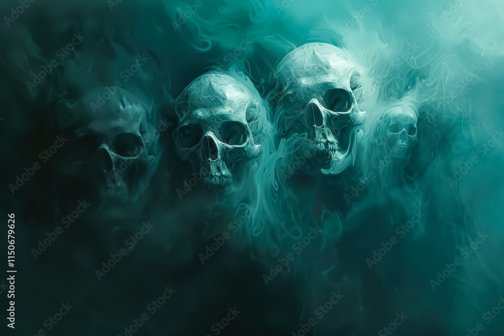 Poster group of skulls are floating in the air with smoke surrounding them. the skulls are all different si