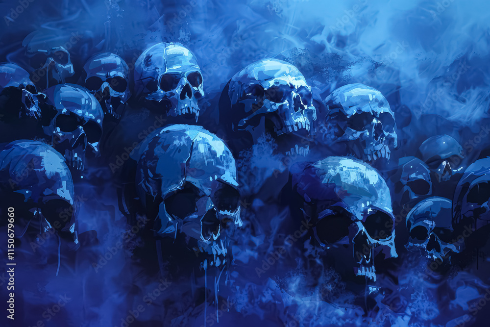 Poster group of skulls are floating in the air with smoke surrounding them. the skulls are all different si