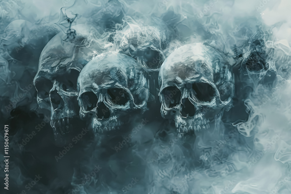 Poster group of skulls are floating in the air with smoke surrounding them. the skulls are all different si