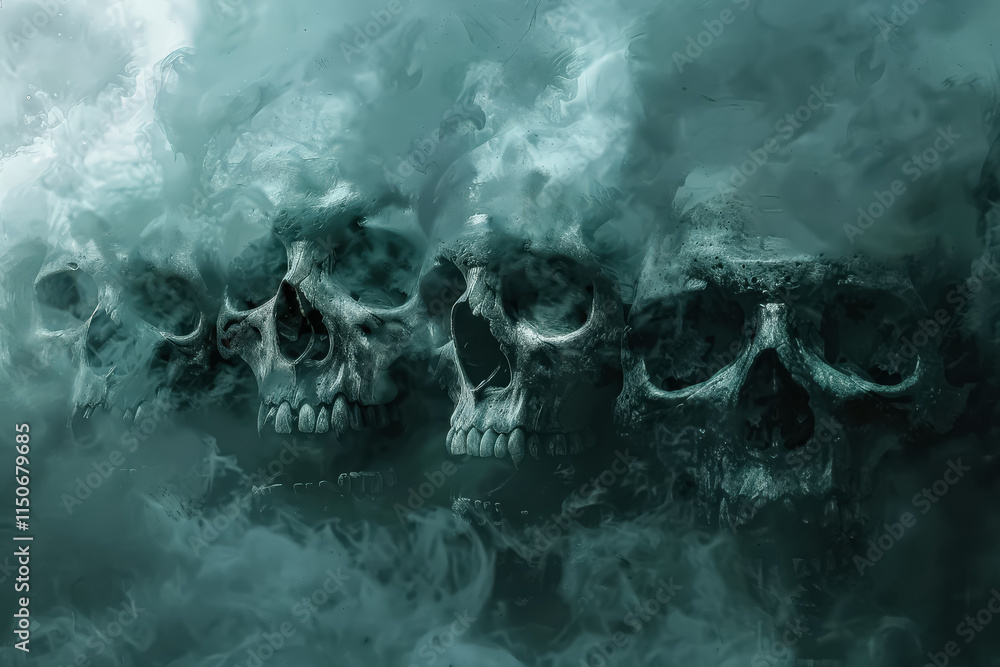 Poster group of skulls are floating in the air with smoke surrounding them. the skulls are all different si