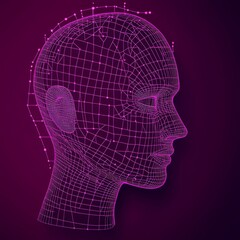 Obraz premium An abstract 3D render depicting a holographic human face embedded in a wall, alongside a robotic head crafted from glossy, iridescent substance. Stock concept.