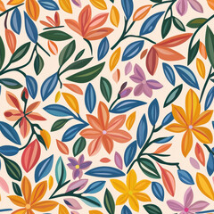 Vivid floral illustration seamless pattern with colorful blooming leaves