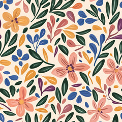 Whimsical floral seamless pattern with vibrant pastel leaves
