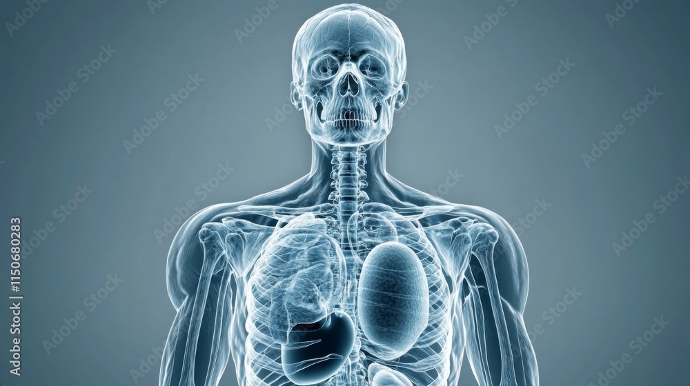 Poster x-ray view of human body showing bones and internal organs