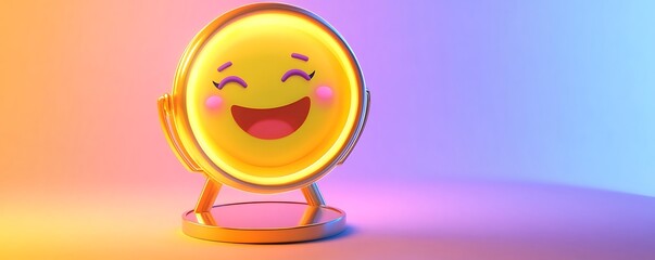 A cheerful emoji mirror with vibrant yellow hues and soft glowing reflections on a gradient background