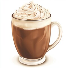 A mug of hot chocolate with whipped cream, isolated on a white background.