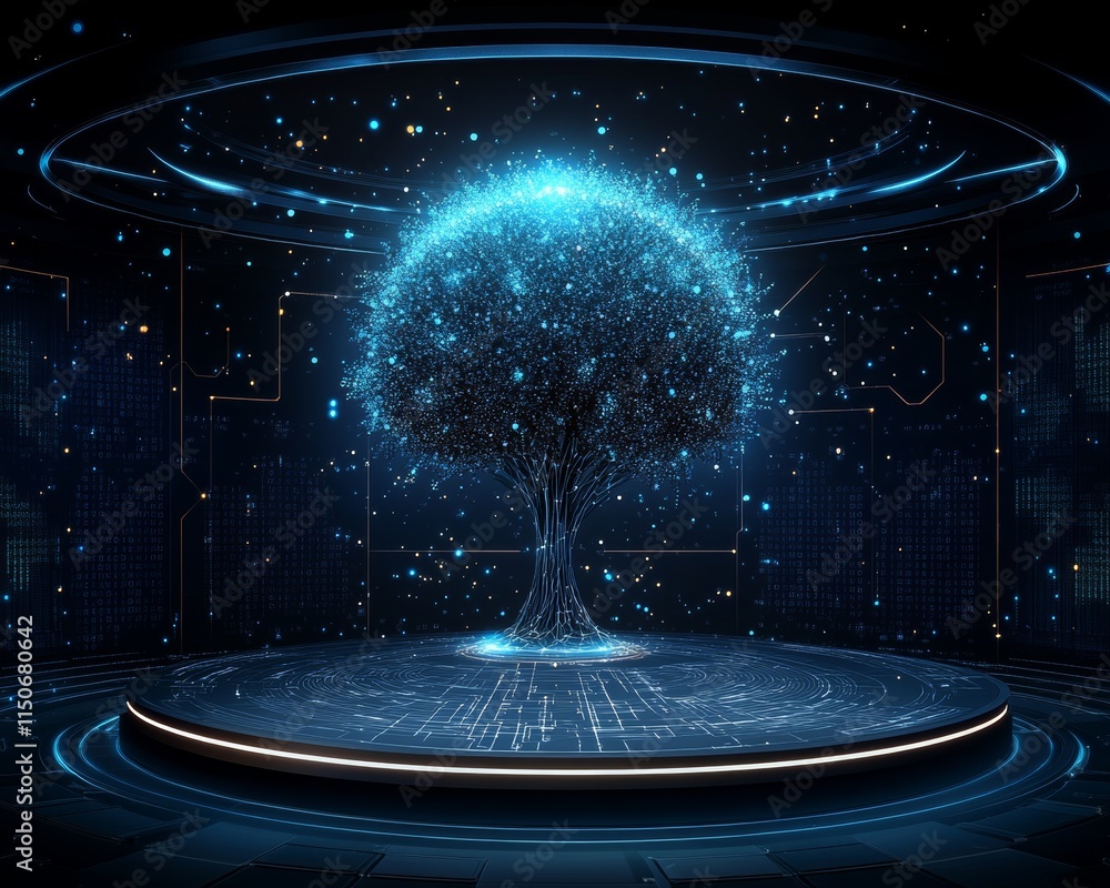Poster tree data technology set against a dark blue background. digital circuit board illustrating internet
