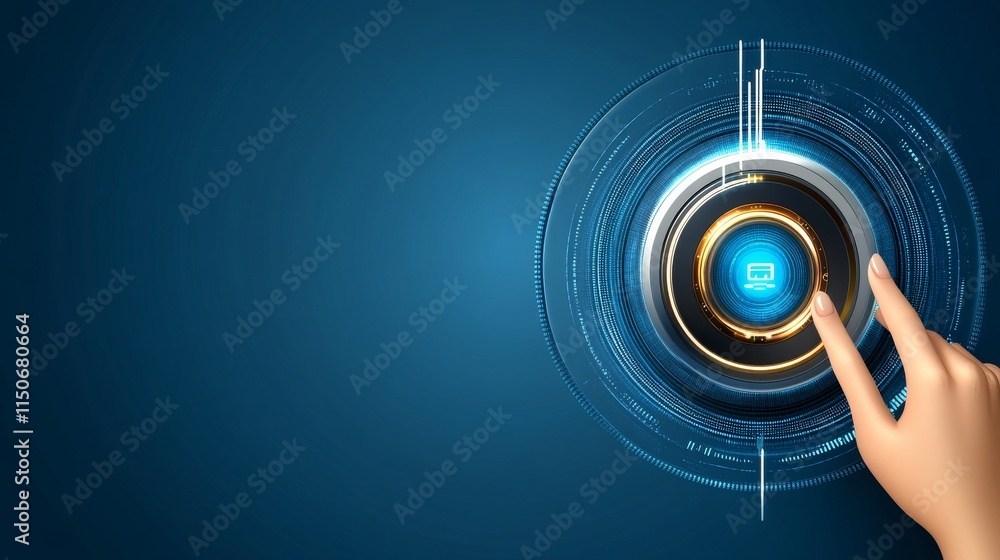 Poster in a futuristic landscape, a hand touches a digital hud interface, overlaying a virtual computer scr