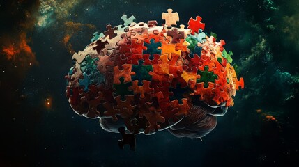 Colorful Puzzle Pieces Form a Creative Brain in Cosmic Background