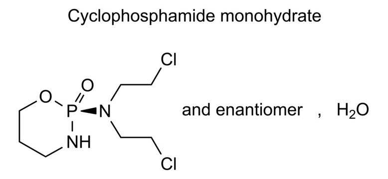 Chemical structure of cyclophosphamide monohydrate, drug substance