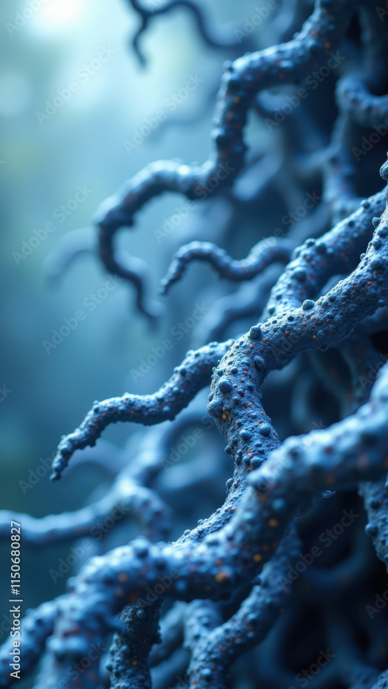Poster close-up view of blue coral-like structures resembling neural dendrites, with a focus on semaglutide