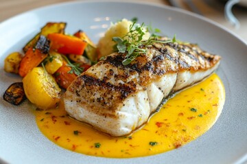 Grilled Fish with Seasonal Vegetables and Saffron Sauce