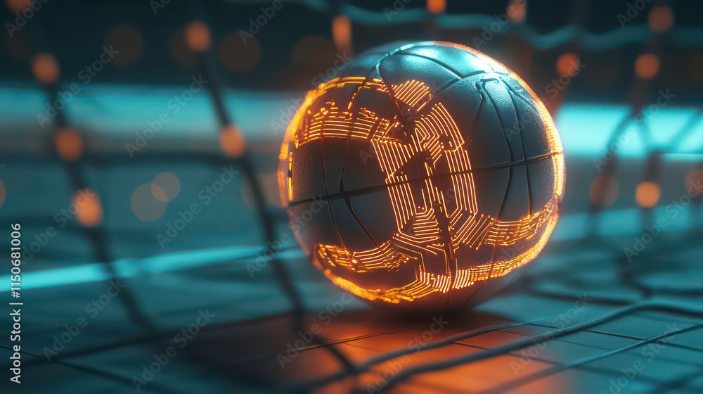 Aufkleber Futuristic sphere with glowing circuit board pattern, resting on a grid.