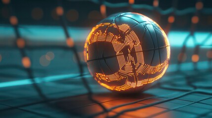 Futuristic sphere with glowing circuit board pattern, resting on a grid.