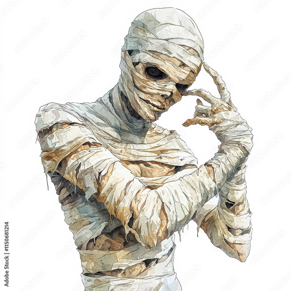 Poster man with a face covered in bandages is holding his hands together. the image has a creepy and unsett