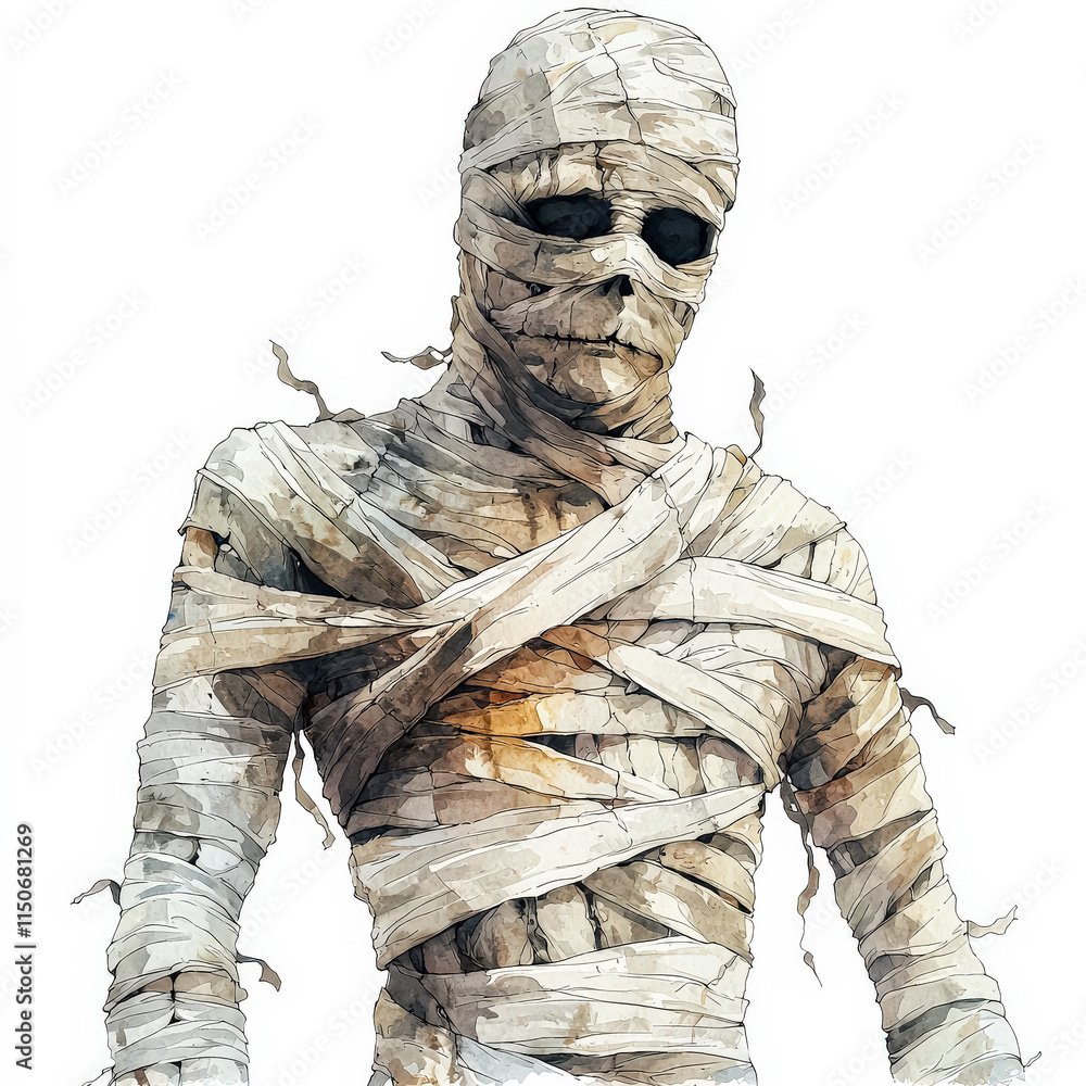 Poster man with a face covered in bandages is holding his hands together. the image has a creepy and unsett