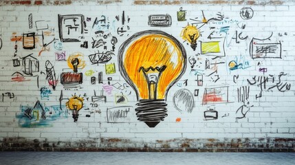 Creative Light Bulb Illustration on Urban Wall with Colorful Designs