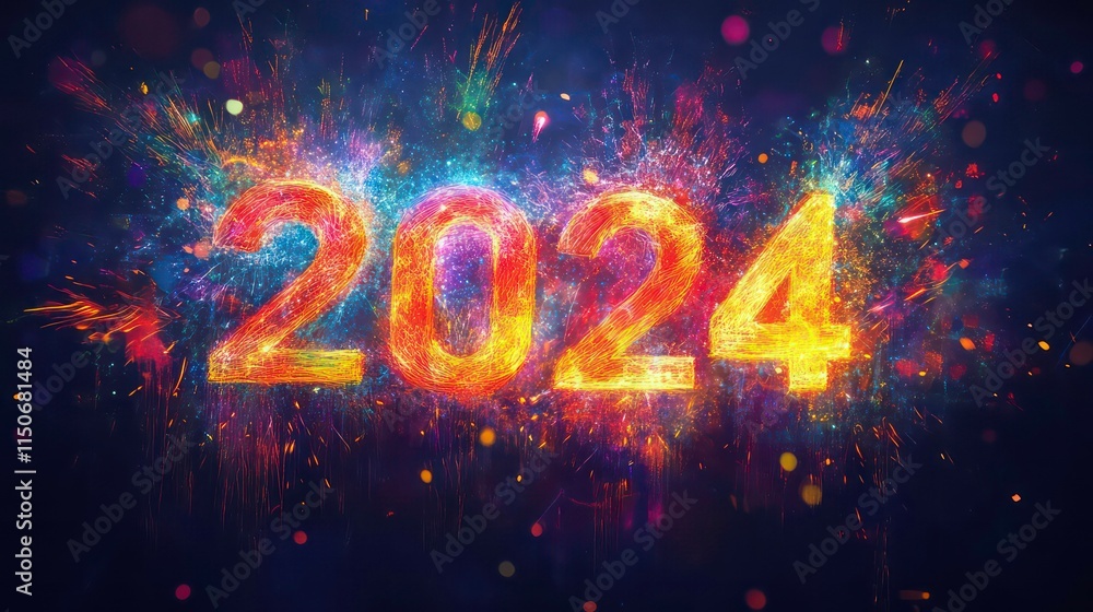 Aufkleber fiery 2024 number in colorful explosion.