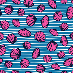 Pink Mussels seamless repeat pattern. Horizontal lined, hand drawn sea shell aop all over surface print on blue and white striped background.