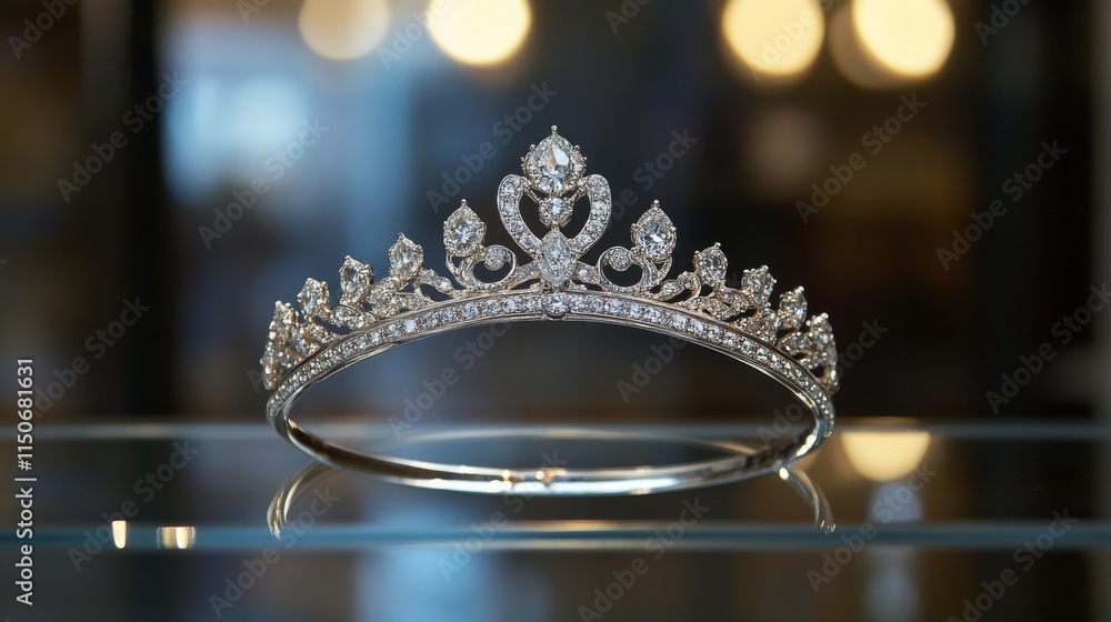Poster elegant silver crown with sparkling diamonds on display shelf