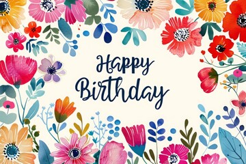 A colorful field of flowers with a happy birthday message