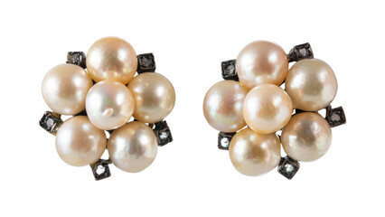 red gold and silver earrings with baroque pearls and diamonds. isolated white background