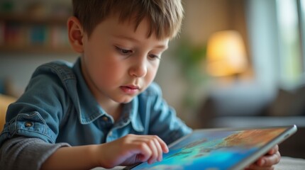 young boy intently reading an e-book on a tablet