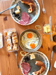 Traditional turkish breakfast at home on wooden table