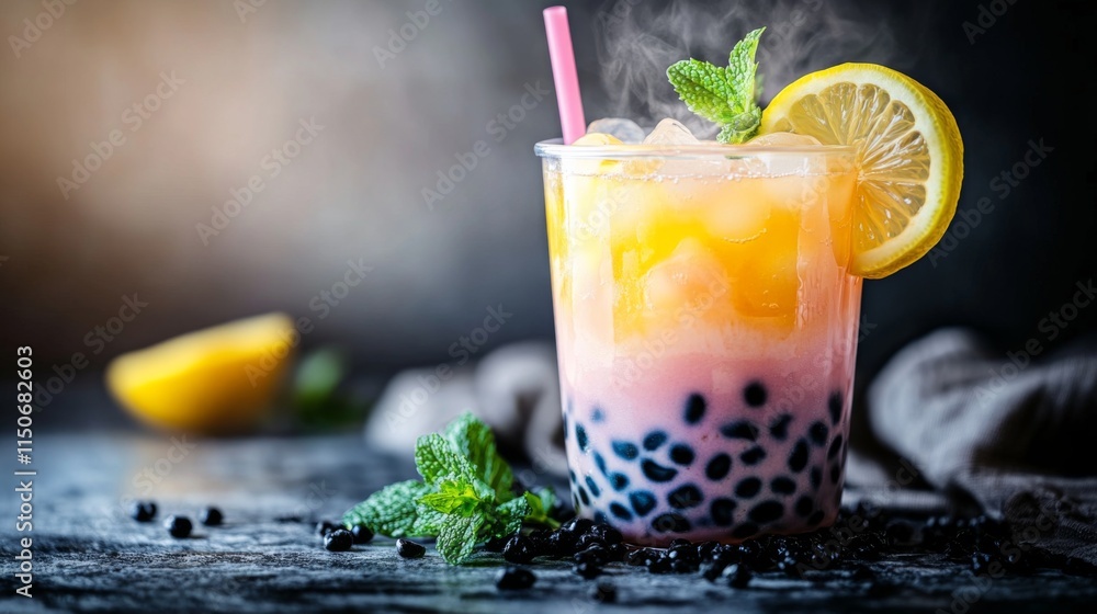 Poster refreshing colorful drink with bubbles and mint garnish