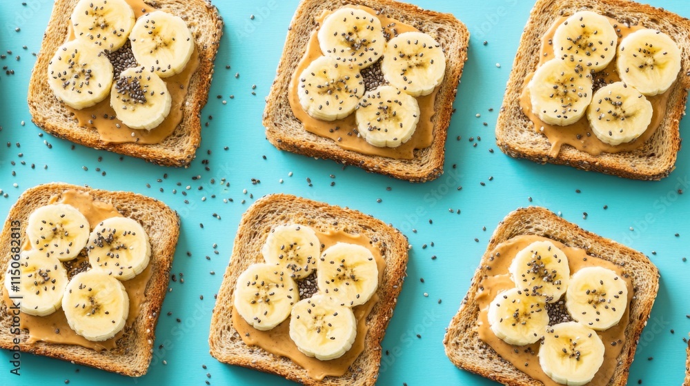 Aufkleber healthy toast with banana slices and peanut butter spread