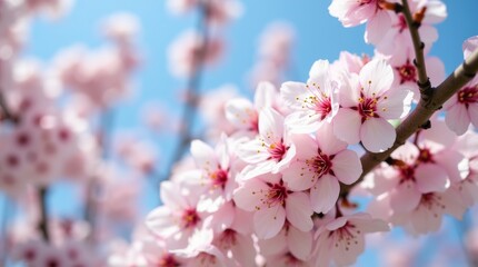close-up view of blossom trees in full bloom, showcasing delicate pink and white flowers against a clear blue sky