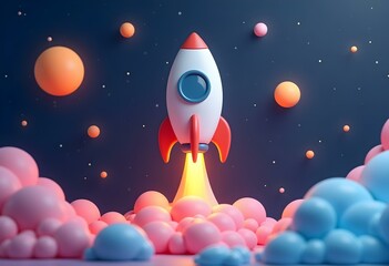 Flying space rocket in space around the planets. Spaceship launch. Rocket 3d icon. Realistic creative conceptual symbols. Logo ship. Launch business product on market. Vector illustration