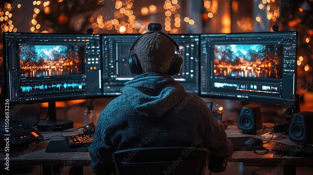 Aufkleber a person editing video content on multiple screens in a cozy, illuminated workspace.