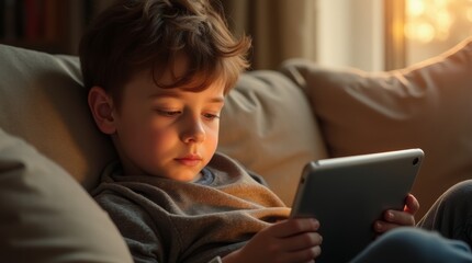 young boy comfortably sitting on a couch, engrossed in reading an e-book on a tablet