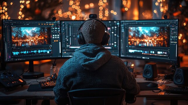 A person editing video content on multiple screens in a cozy, illuminated workspace.