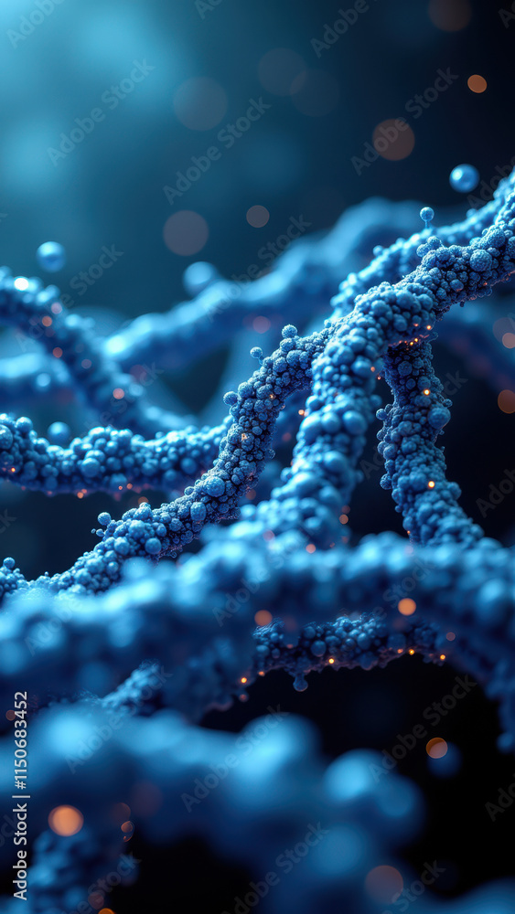 Poster a microscopic view of a neuron-like structure, showcasing blue spherical structures representing syn
