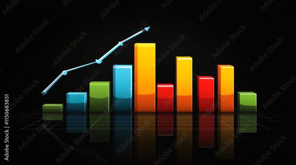Poster colorful bar graph with ascending trend line on black background