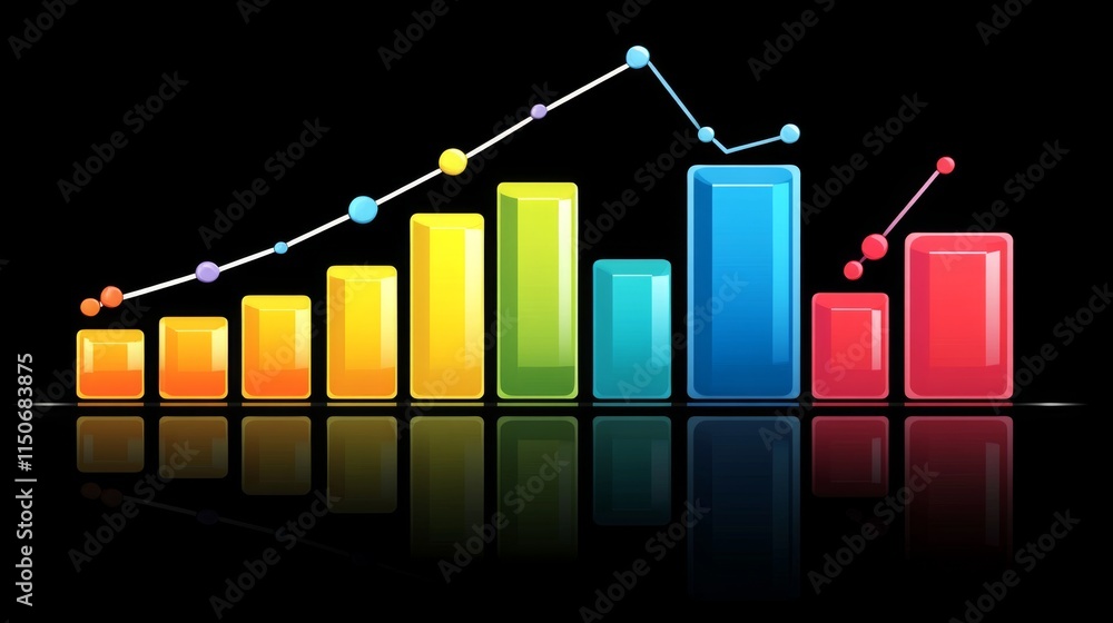 Poster colorful bar graph and line chart with reflection on black background