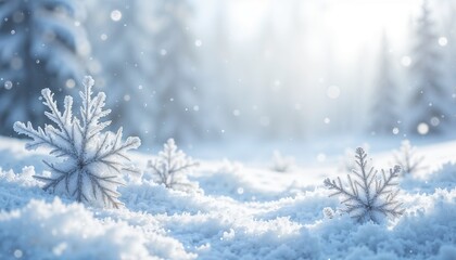 Frosty snowflakes on snow with blurred forest background